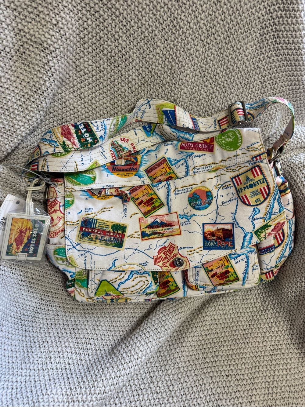 Vintage Fossil Cream Canvas Crossbody with Travel Stamp Motif